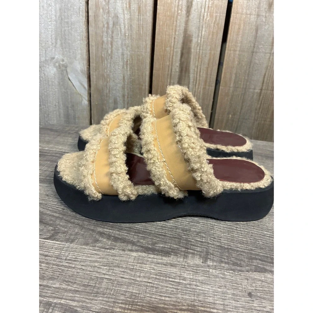 Staud Shearling Platform Slides Tan Cream Double Strap Sandals Size 39